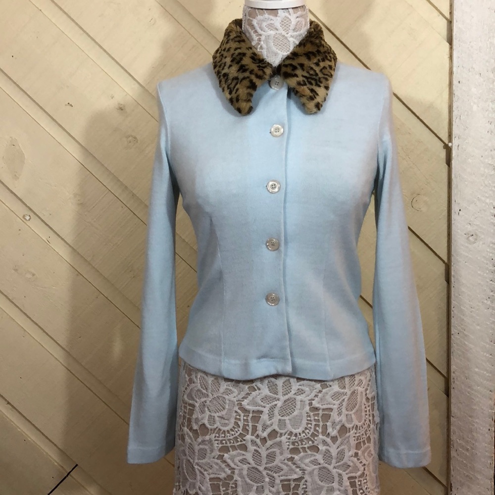 Pinup Style Baby Blue Leopard Collar Cardigan